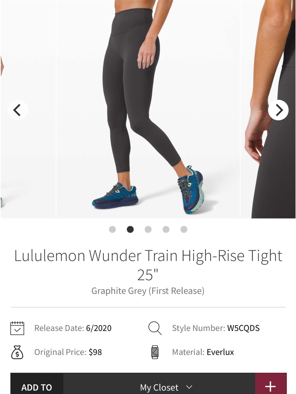 Lululemon wunder train hr tight 25in graphite grey size 8